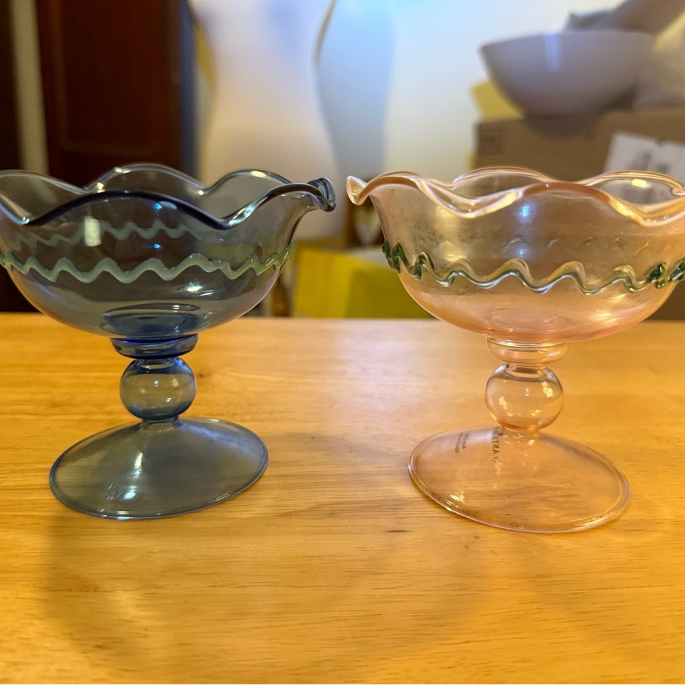 Like New - Anthropologie Glass Pedestal Bowls - Blue and Pink